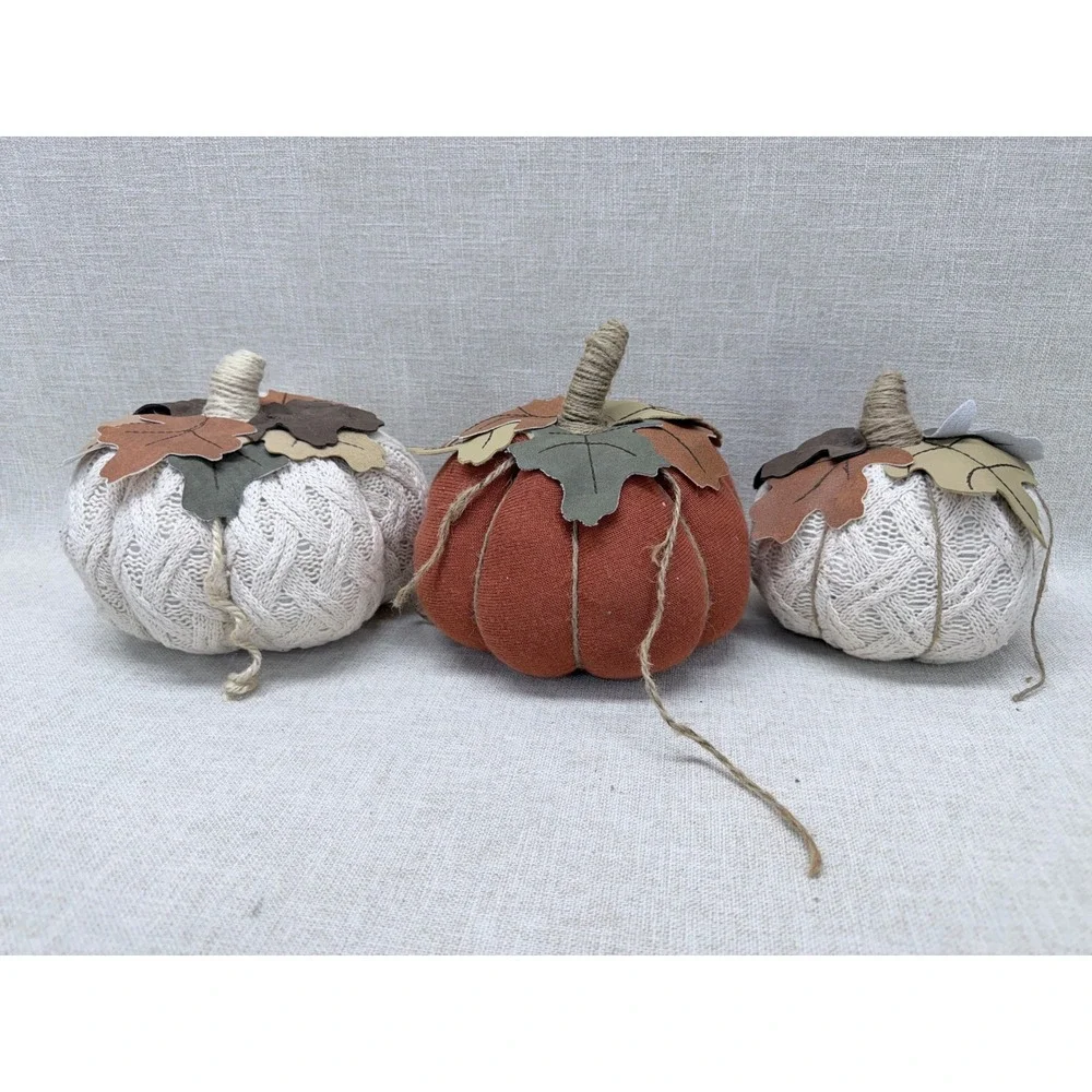 Set of 3 Fabric Pumpkins Fall Decor Cable Knit Orange‎ Cream Rustic Thanksgiving